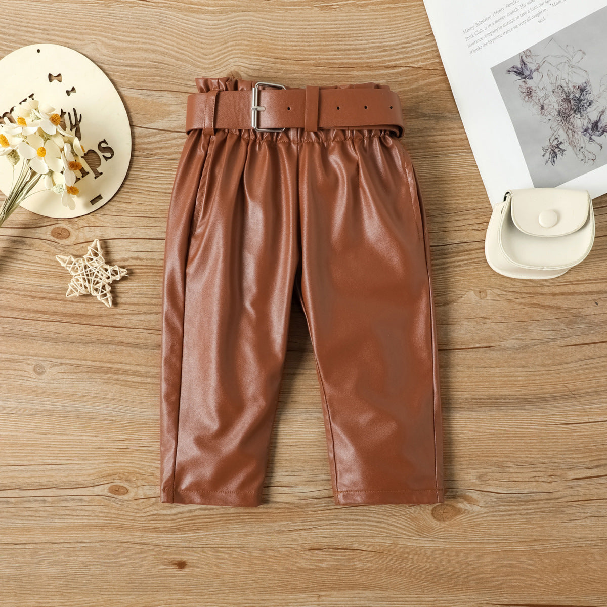 Autumn And Winter Girls' Fashion Puff Sleeve Top And Leather Pants Two-Piece Set