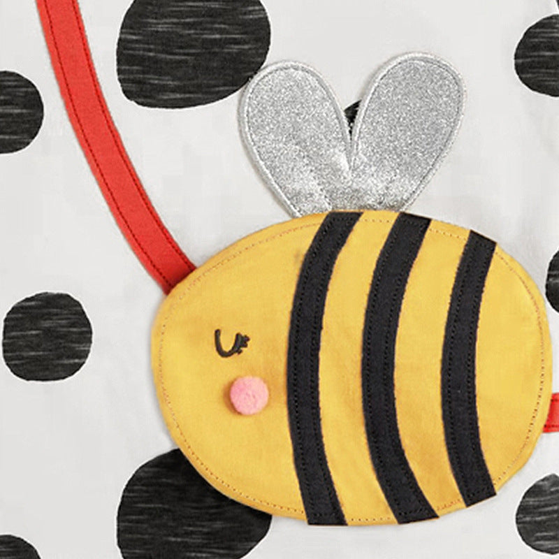 Kids Girls Cute Cartoon Bee Design Polka Dot Round Neck Short Sleeve Casual T-shirt
