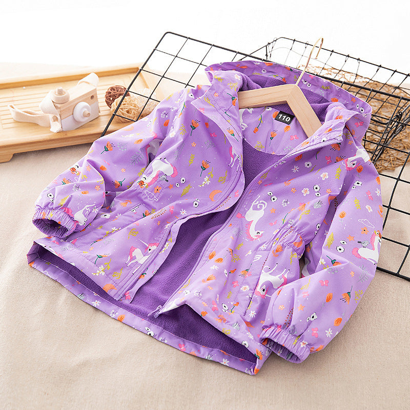 Autumn And Winter Toddler Girls Mid-Length Windbreaker Thickened Hooded Zipper Coat