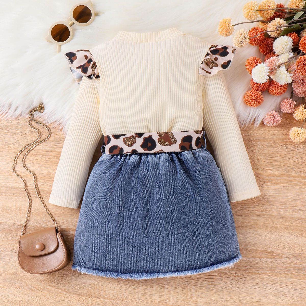 Autumn And Winter Girls Fashion Leopard Ruffled Top And Denim Skirt Two-Piece Set