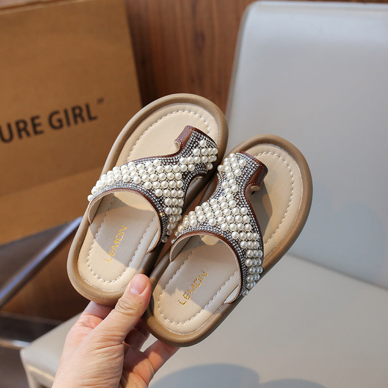 Kids Girls Casual Cute Pearl Rhinestone Slippers