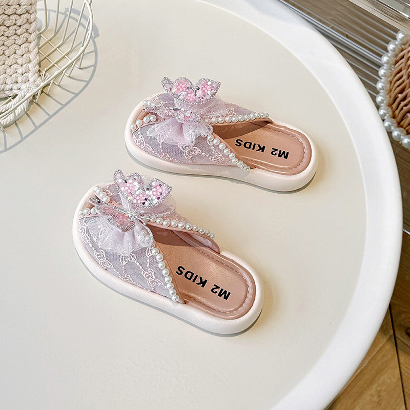 Kids Girls Casual Cute Rhinestone Pearl Bow Flat Thick-Soled Slippers