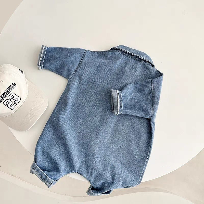 Baby Girls Boys Bear Embroidery Short Sleevv Denim Rompers