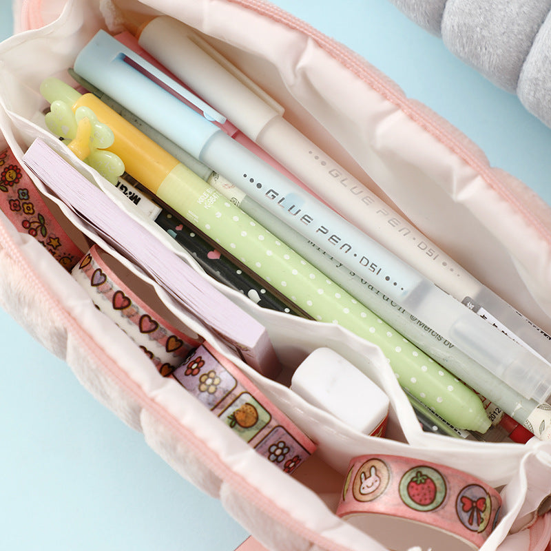 Fashion Solid Color Soft Anti-Fall Large-Capacity Plush Stationery Bag