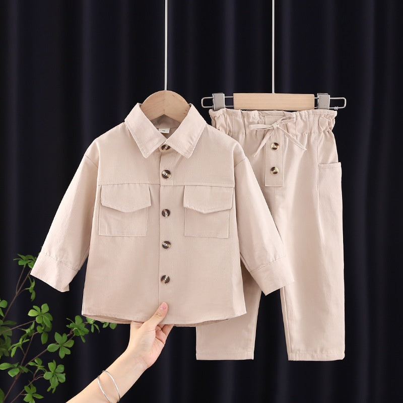 Girls Solid Color Cartoon Lapel Cute Shirt Pants Set