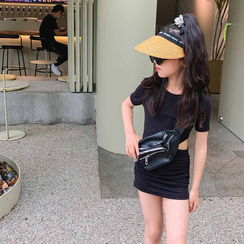 Girls' Fashion Solid Color Short-Sleeve Hollow-Out Slim-Fit Dress