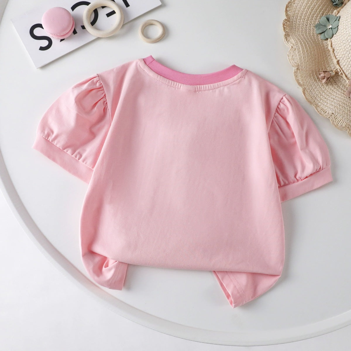 Kids Toddler Girls Casual Cute Sweet Flower Puff Sleeve Round Neck T-Shirt