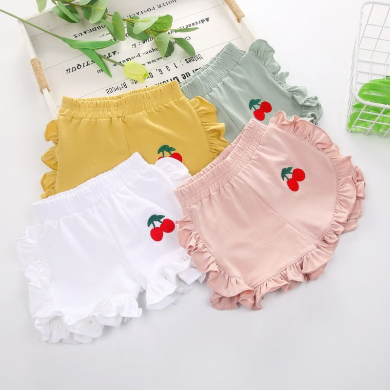 Kids Toddler Girls Fashion Cherry Embroidered Wood Ear Shorts