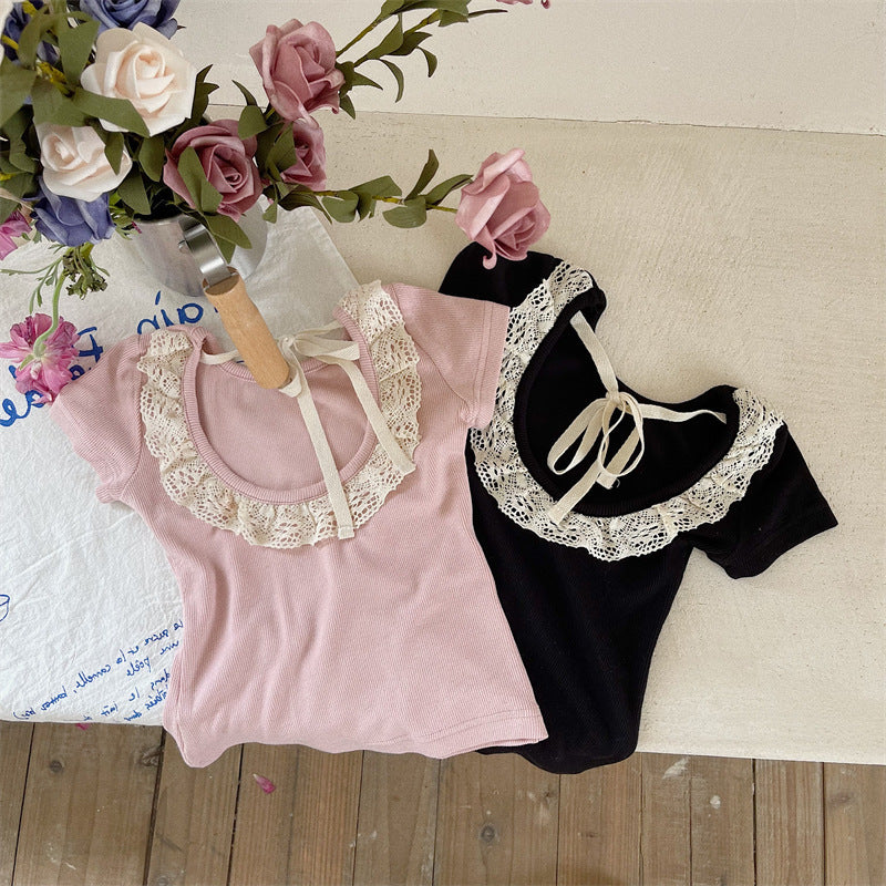 Children Kids Toddlers Fashion Girls Backless Lace Short Sleeve T-Shirt