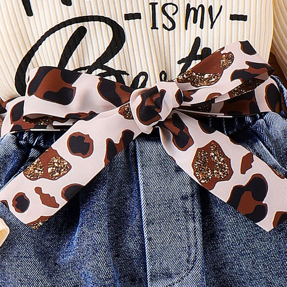 Autumn And Winter Girls Fashion Leopard Ruffled Top And Denim Skirt Two-Piece Set