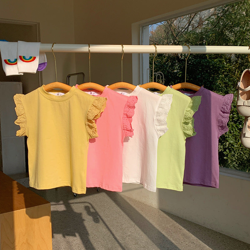 Kids Toddler Girls Casual Cute Solid Color Lace Cap Sleeve Round Neck T-Shirt