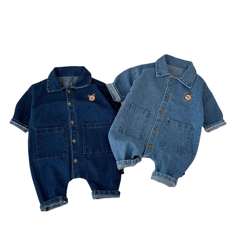 Baby Girls Boys Bear Embroidery Short Sleevv Denim Rompers