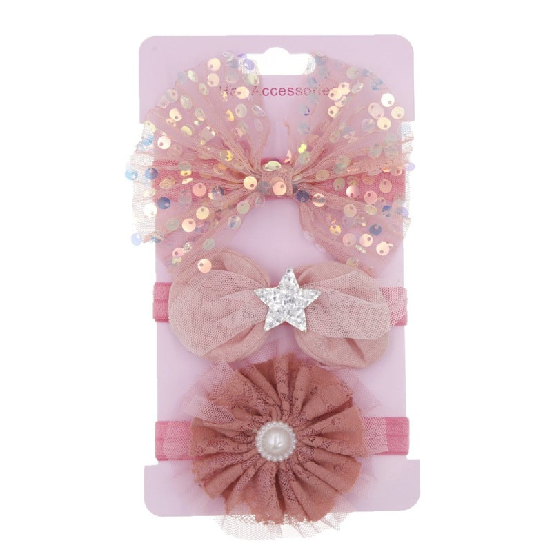3pcs/set Kids Girls Cute Mesh Sequin Flower Pearl Bow Headband Set