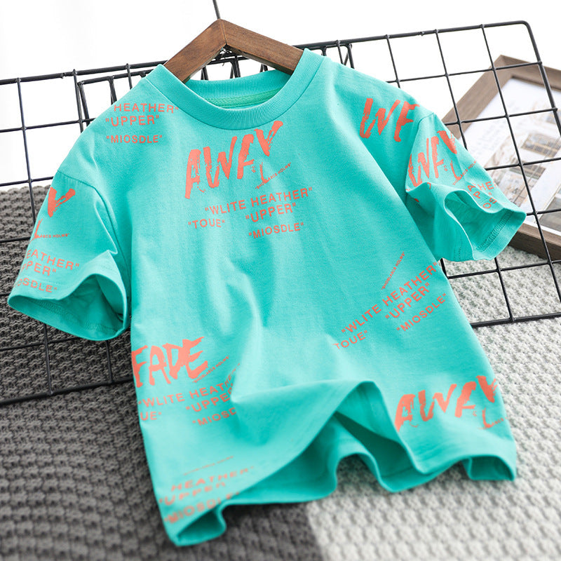 Kids Boys Casual Round Neck Short Sleeve Letter All Over Print Loose T-shirt