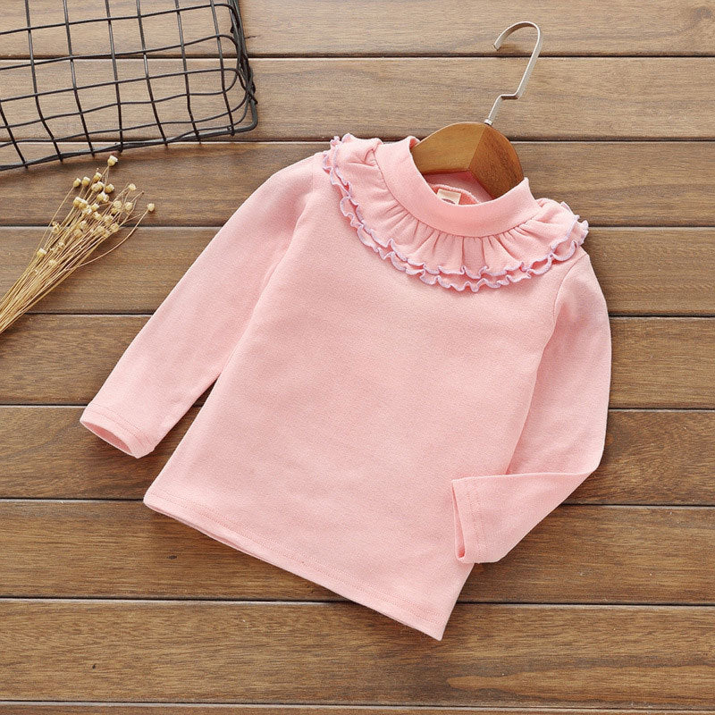 Girls Basic Solid Color Round Neck Long Sleeve Ruffled T-shirt
