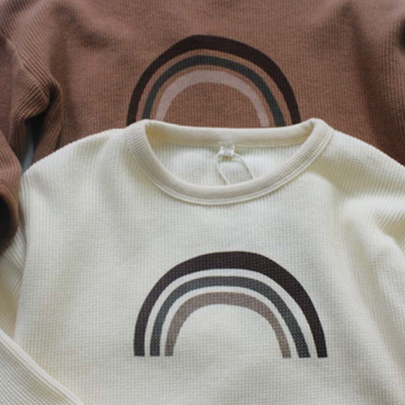 Kids Toddler Boys Girls Casual Cute Rainbow Stripe Waffle Long Sleeve Round Neck T-Shirt