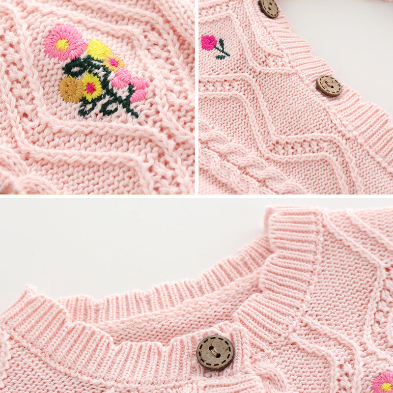 Winter Baby Fashion Floral Embroidered Knitted One Piece And Hat