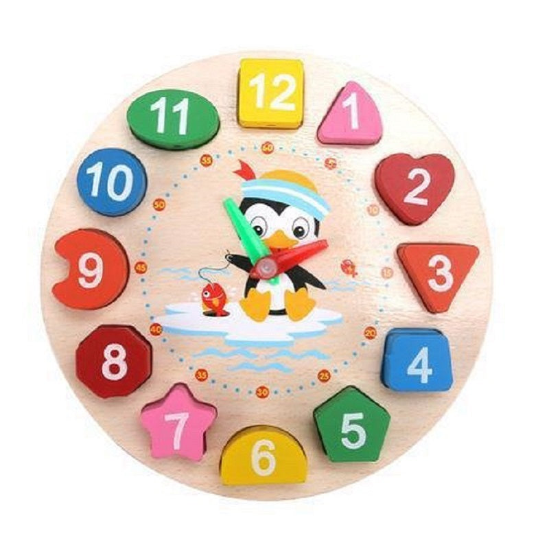 Wooden Clock Puzzle Cartoon Animal Shape Tangram Cognitive Digital Clock Kids Early Educational Threading Assembly Toy
