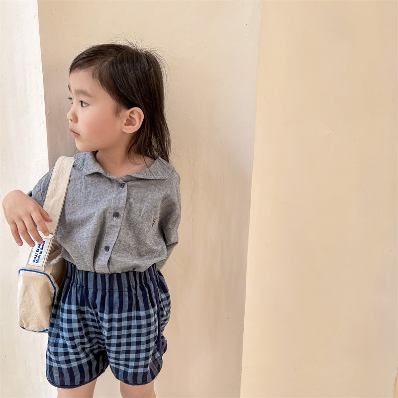 Kids Girls Casual Stripe Plaid Color Blocking Elastic Waist Loose Shorts