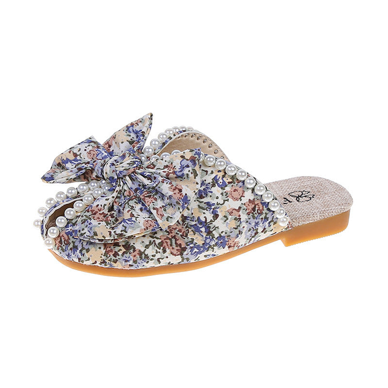 Girls Pastoral Bow Pearl Decor Soft Bottom Floral Peep-toe Slippers