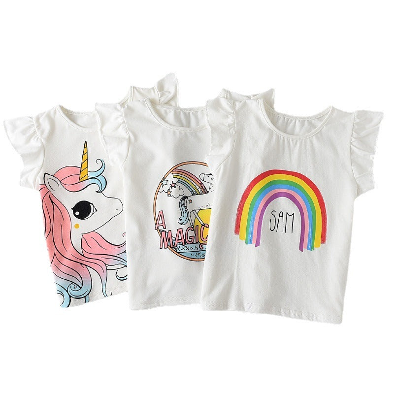 Children Kids Baby Fashion Girls Ruffle Sleeve Unicorn Print T-Shirt