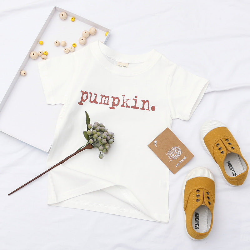 Kids Toddler Girls Boy Fashion Cotton Round Neck Alphabet Short Sleeve Top