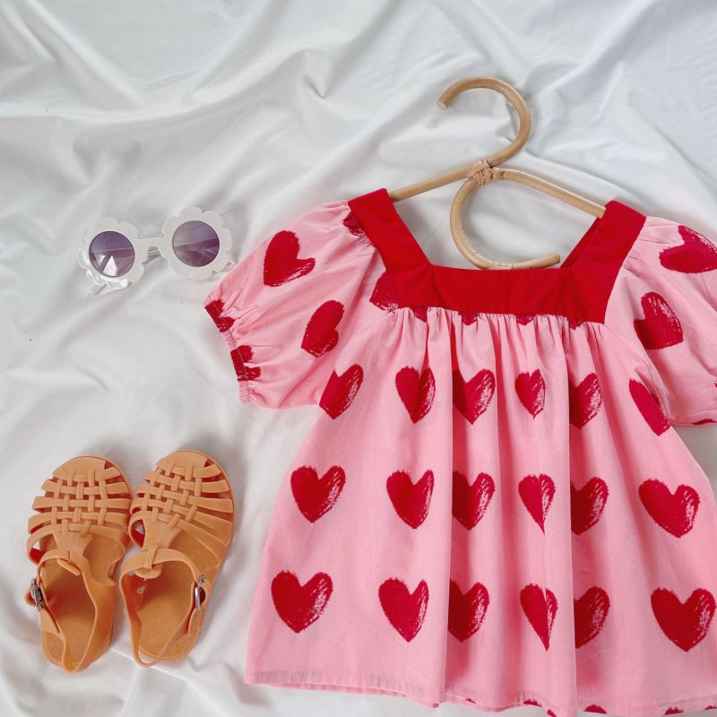 Children Kids Toddlers Fashion Girls Short Sleeve Heart Print Lapel Square Neck Top