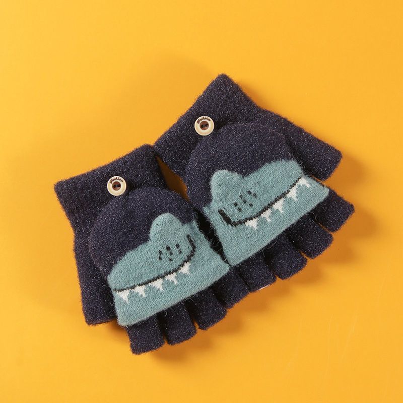 Winter Children Cartoon Half Finger Flap Dinosaur Warm Thickened Half Finger Gloves