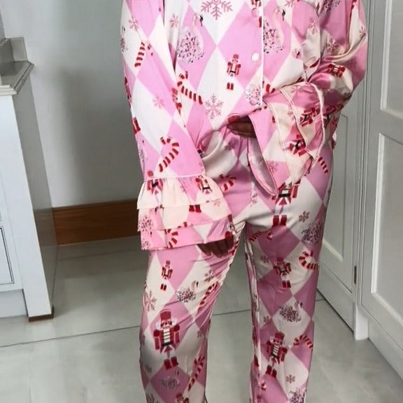 Women Girl Family Matching Printed Satin Casual Sleepwear Pajamas Set