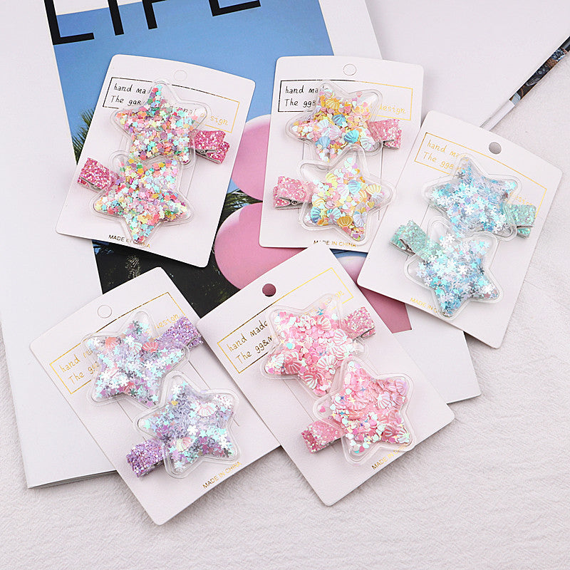 2pcs/set Girls Cute Glitter Star Quicksand Design Hairpin
