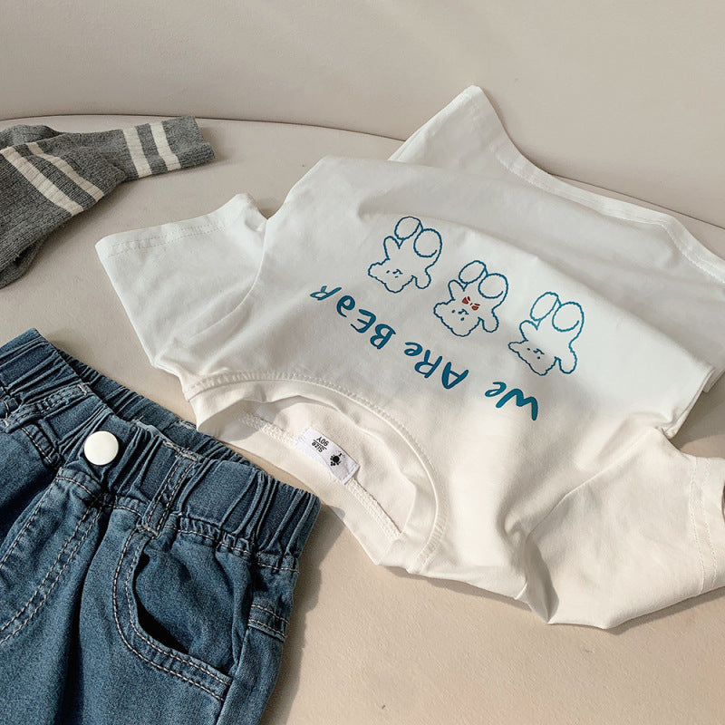 Kids Casual Cartoon Bear Letter Pattern Round Neck Short Sleeve Loose T-shirt