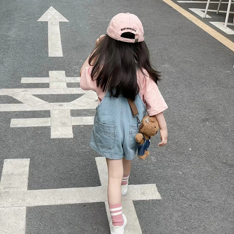 Children Kids Baby Fashion Girls Solid Color Strap Denim Shorts Romper