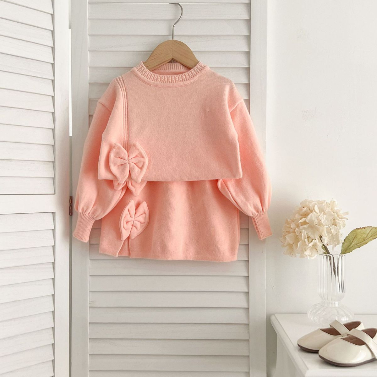 Winter Children Fashion Solid Color Bow Sweater And Skirt Knit Two-Piece Set