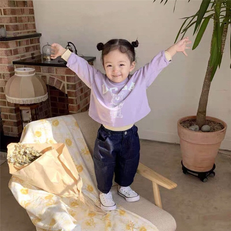 Kids Casual Cartoon Bear Letter Pattern Round Neck Long Sleeve Loose T-shirt