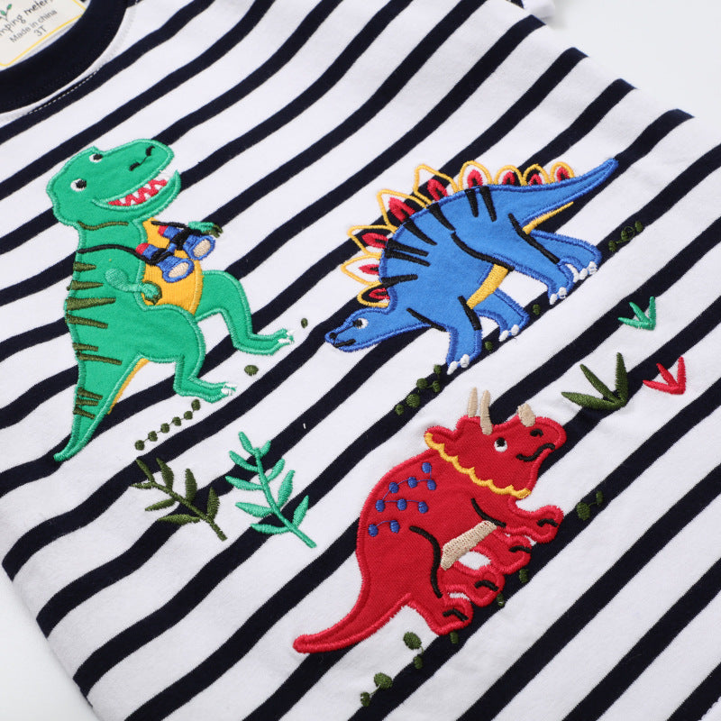 Kids Boys Cute Cartoon Dinosaur Stripe Round Neck Short Sleeve T-shirt