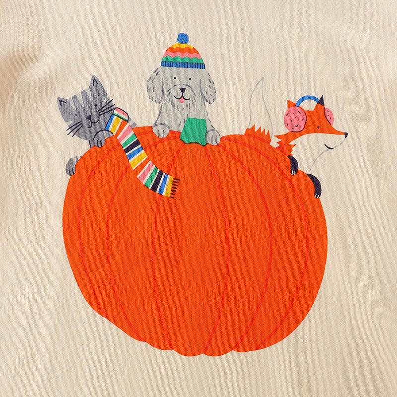 Kids Toddler Boys Girls Halloween Pumpkin Casual Cartoon Print Long Sleeve Round Neck T-Shirt