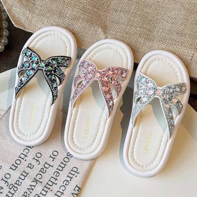 Kids Girls Casual Cute Rhinestone Flat Thick-Soled Slippers