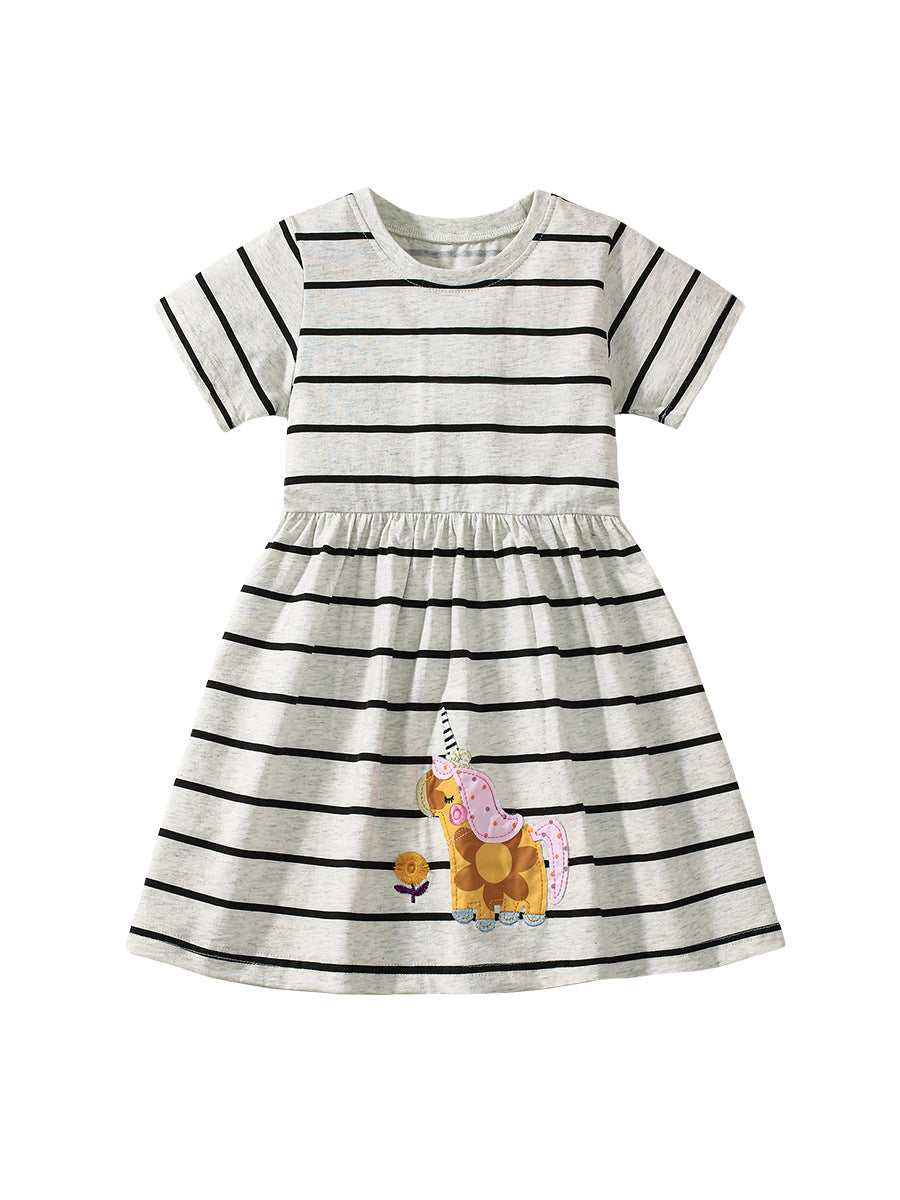 Kids Toddler Girls Cute Cartoon Stripe Short Sleeve Dress
