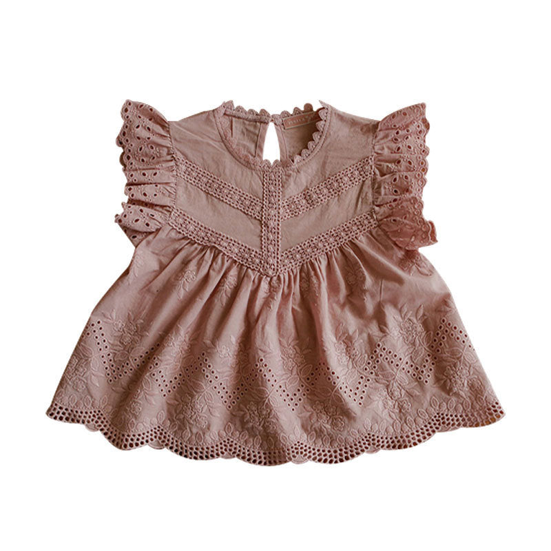 Children Kids Baby Fashion Girls Ruffle Sleeve Solid Color Hollow T-Shirt