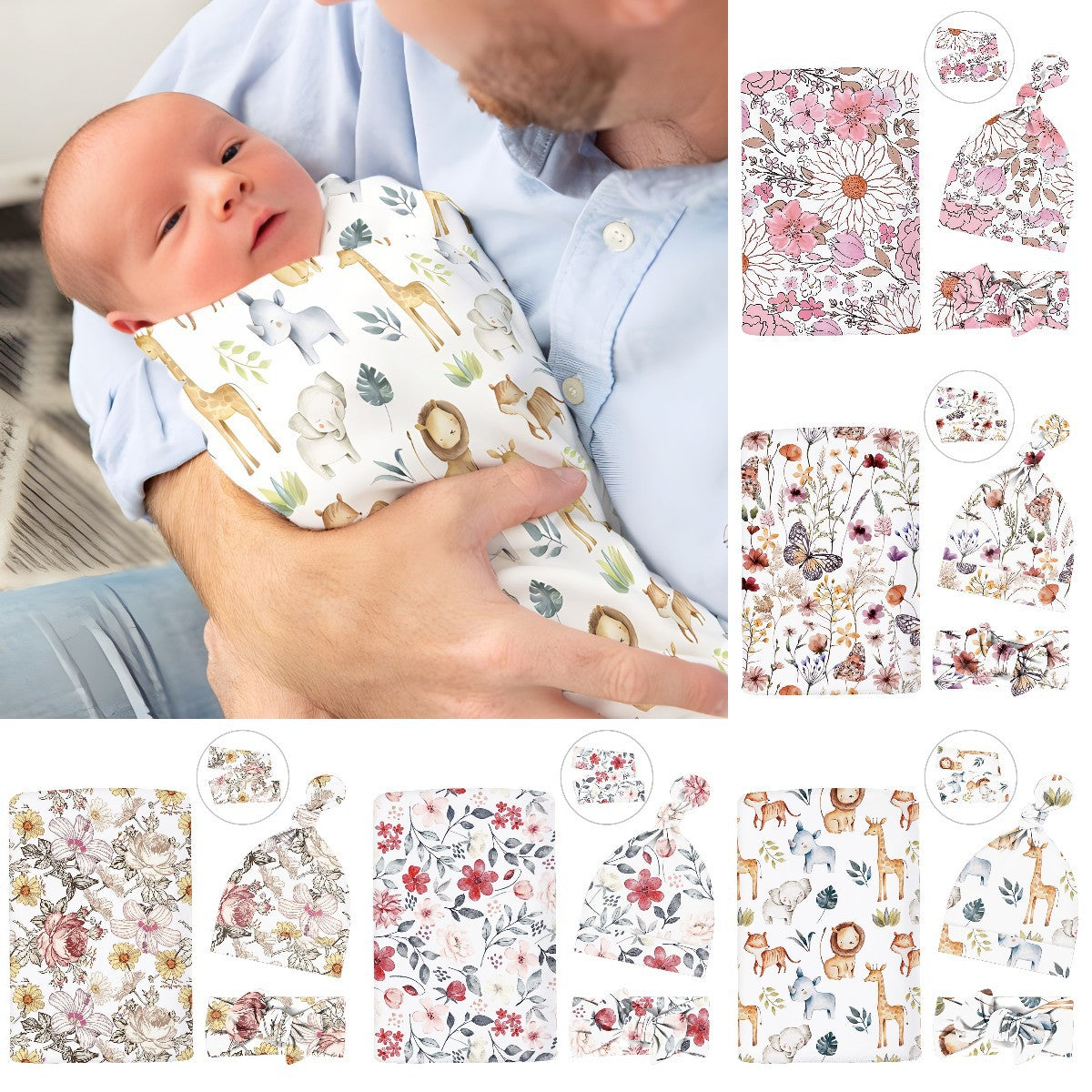 Baby Watercolor Style Printed Swaddle Headband Cap Three-Piece Set
