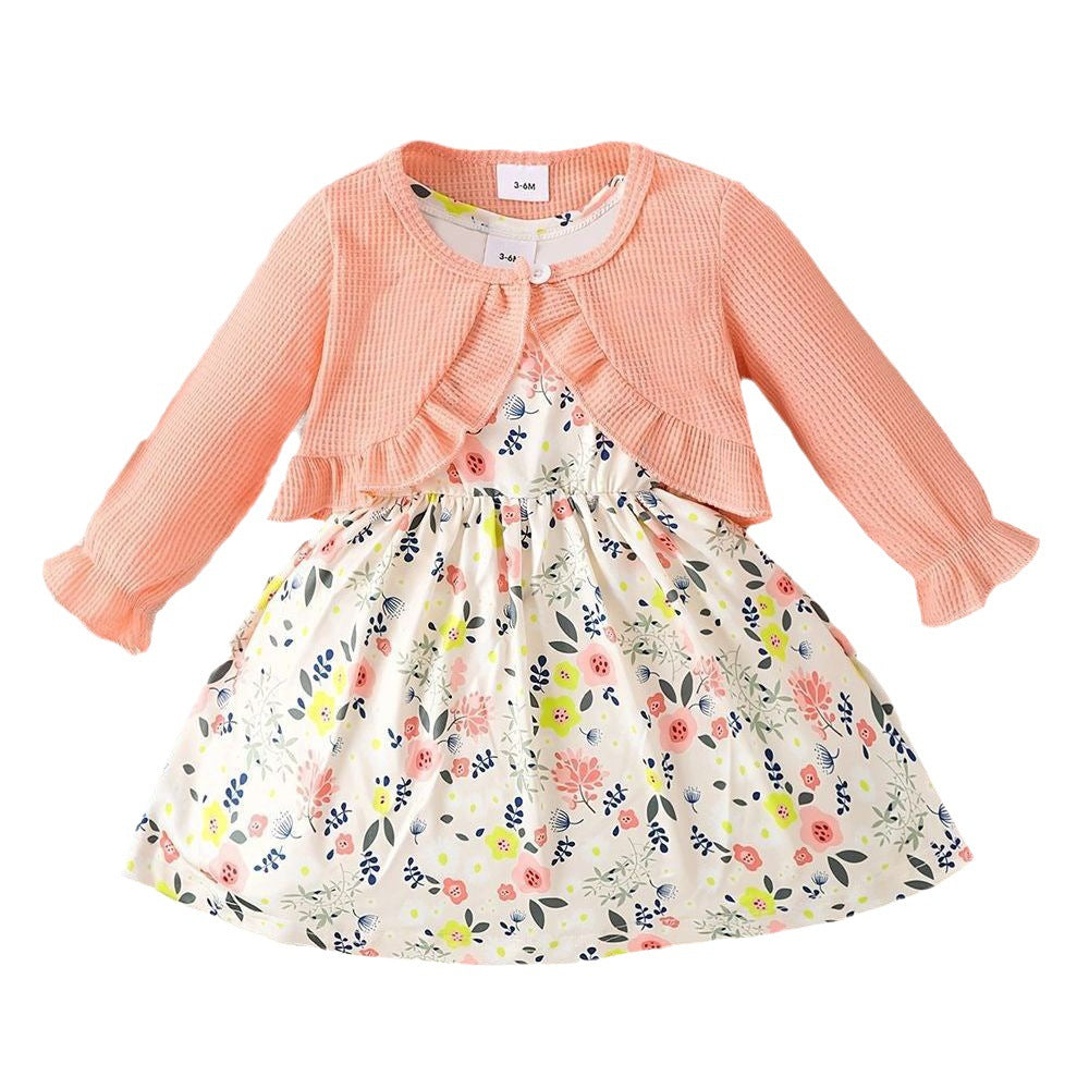 Kids Baby Girls Casual Tiny Flower Print Long Sleeve Cardigan Knitted Top Dress Sets