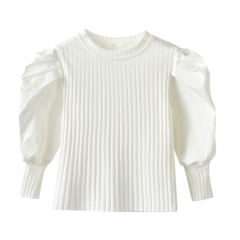Kids Toddler Girls Fashion Casual Solid Color Rib-Knit Puff Sleeve T-Shirt