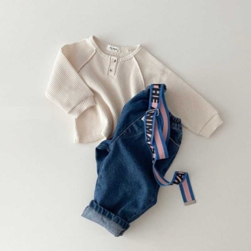 Kids Baby Boys Girls Casual Cute Stripe Polka Dot Waffle Long Sleeve Round Neck T-Shirt