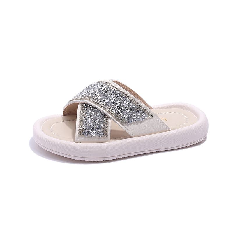 Kids Girls Casual Cute Rhinestone Flat Thick-Soled Slippers