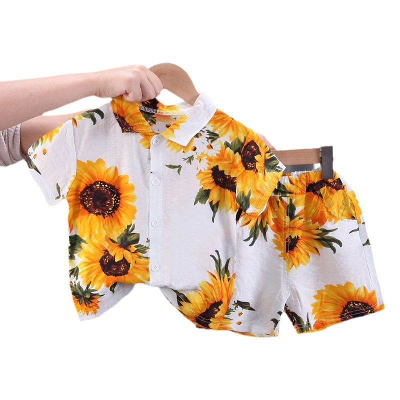Boys' Fashion Short-Sleeved Printed Shirt Shorts Two-Piece Set