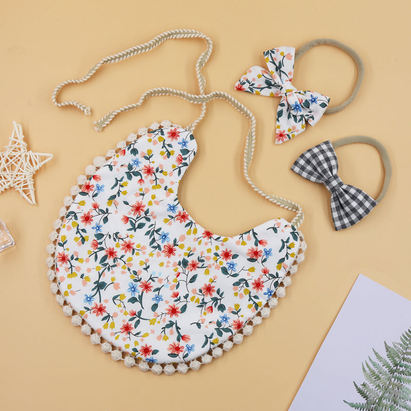 Baby Basic Floral Tassels Bib And Headband Accessories Set