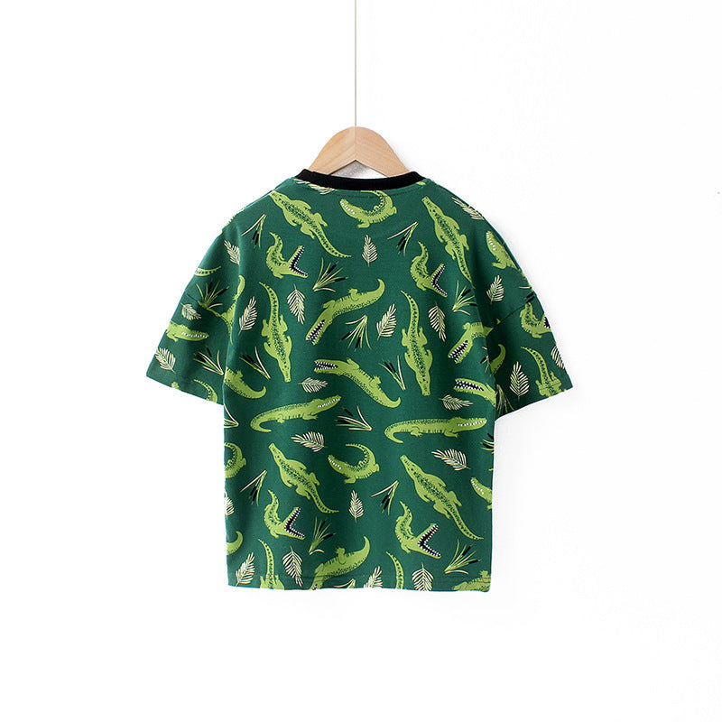 Kids Boys Casual Cartoon Animal All Over Print Round Neck Short-sleeved Loose T-shirt