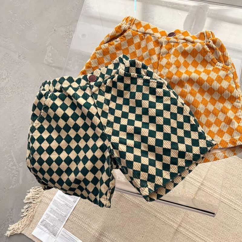 Kids Casual Plaid All Over Print Elastic Loose Corduroy Shorts