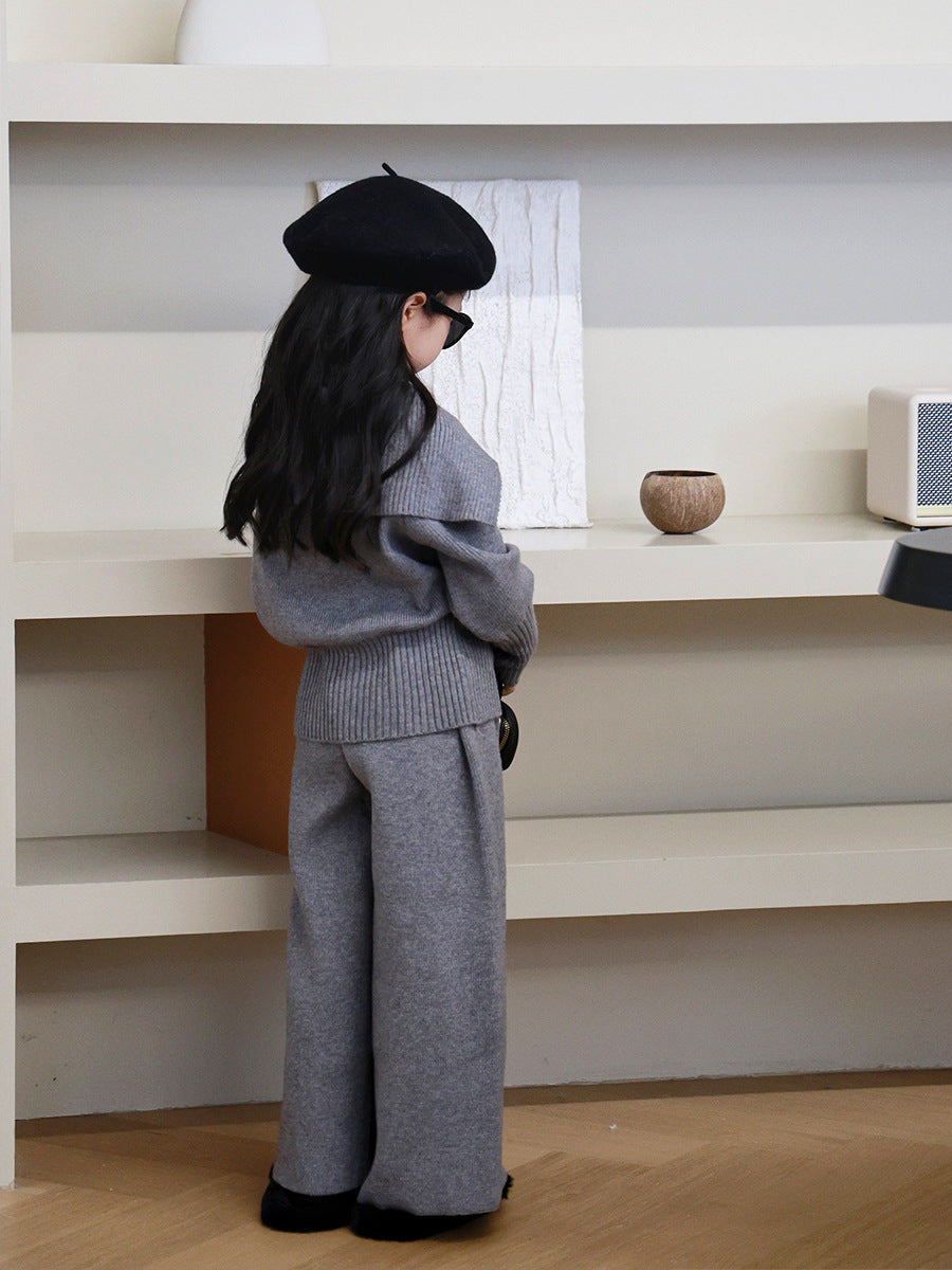 Autumn Winter Girls Fashion Casual Lapel Long Sleeve Zipper Knitted Sweater Pants Two-Piece Set