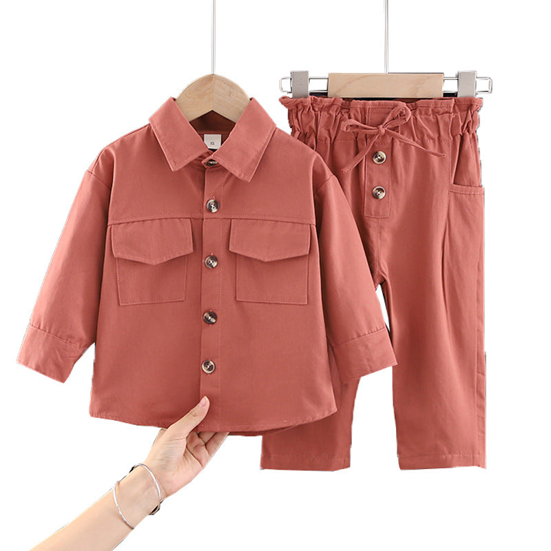 Girls Solid Color Cartoon Lapel Cute Shirt Pants Set